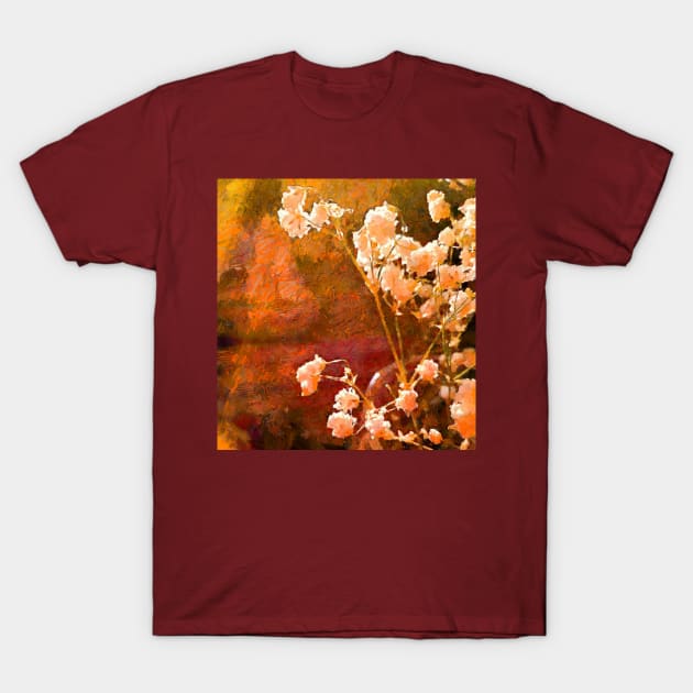 White flowers on the terracotta background. T-Shirt by Evgeniya